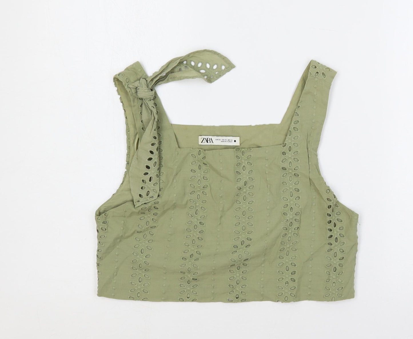 Zara Womens Green Cotton Cropped Tank Size XS Square Neck - Broderie Anglaise