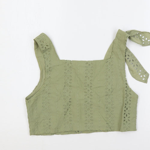 Zara Womens Green Cotton Cropped Tank Size XS Square Neck - Broderie Anglaise