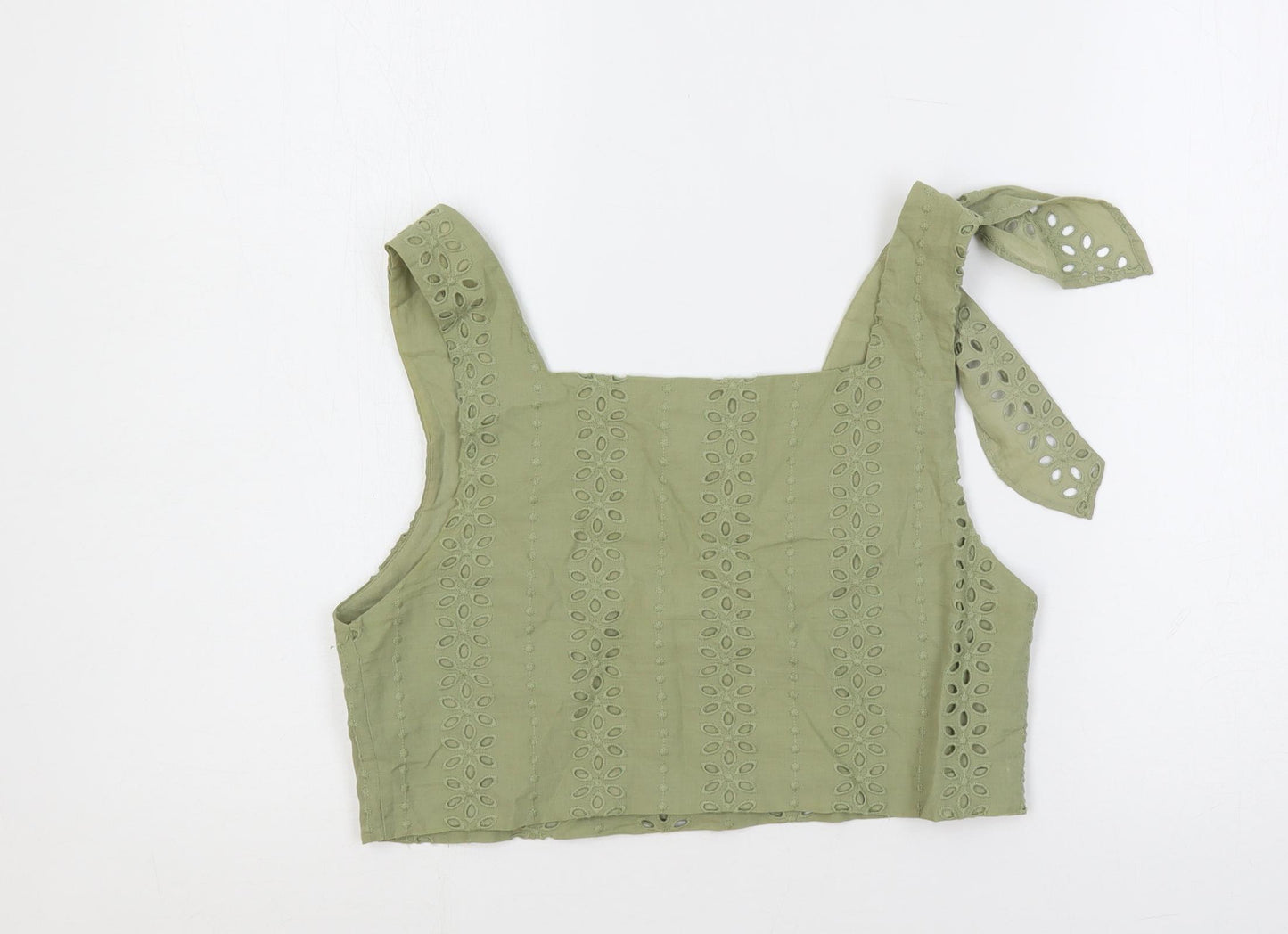 Zara Womens Green Cotton Cropped Tank Size XS Square Neck - Broderie Anglaise