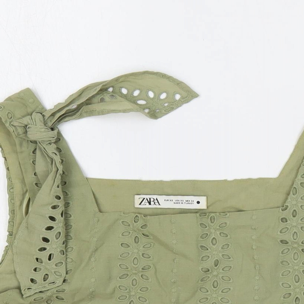 Zara Womens Green Cotton Cropped Tank Size XS Square Neck - Broderie Anglaise