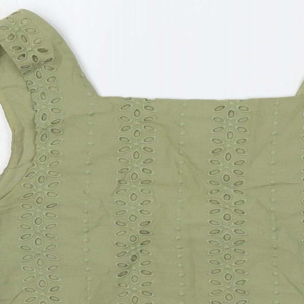 Zara Womens Green Cotton Cropped Tank Size XS Square Neck - Broderie Anglaise