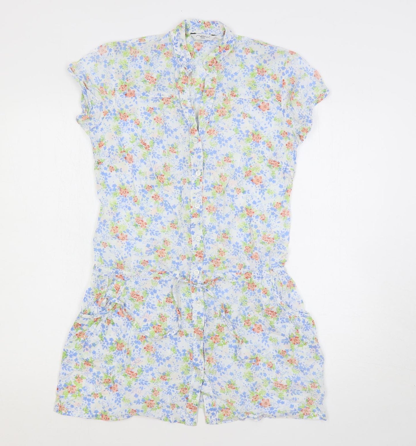 New Look Womens Multicoloured Floral Cotton Tunic Button-Up Size 12 V-Neck - Pockets
