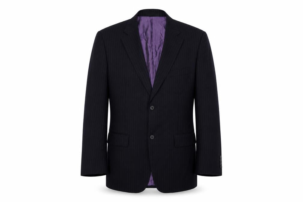 Front view of Greenwoods men’s blue striped wool jacket suit jacket, size 44, regular