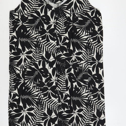Amara Reya Womens Black Floral Linen Shift Size 12 V-Neck Pullover
