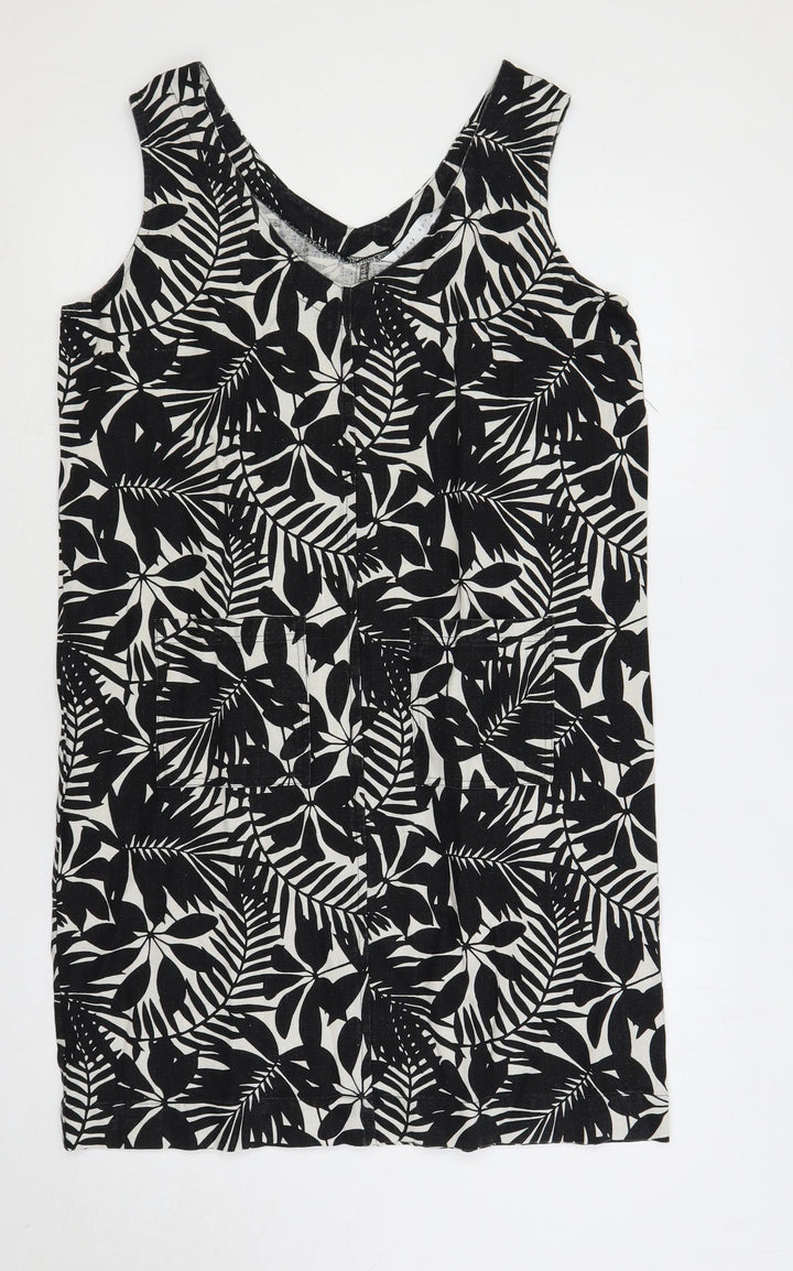 Amara Reya Womens Black Floral Linen Shift Size 12 V-Neck Pullover
