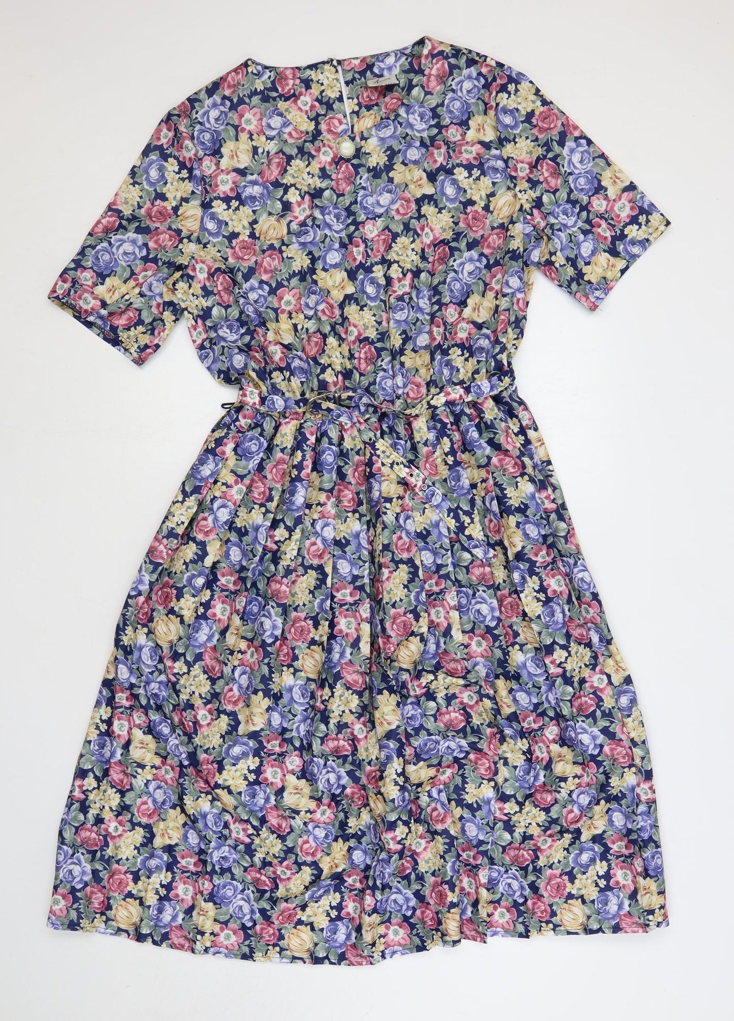 Amari Womens Multicoloured Floral Polyester A-Line Size 16 Round Neck Button - Belted