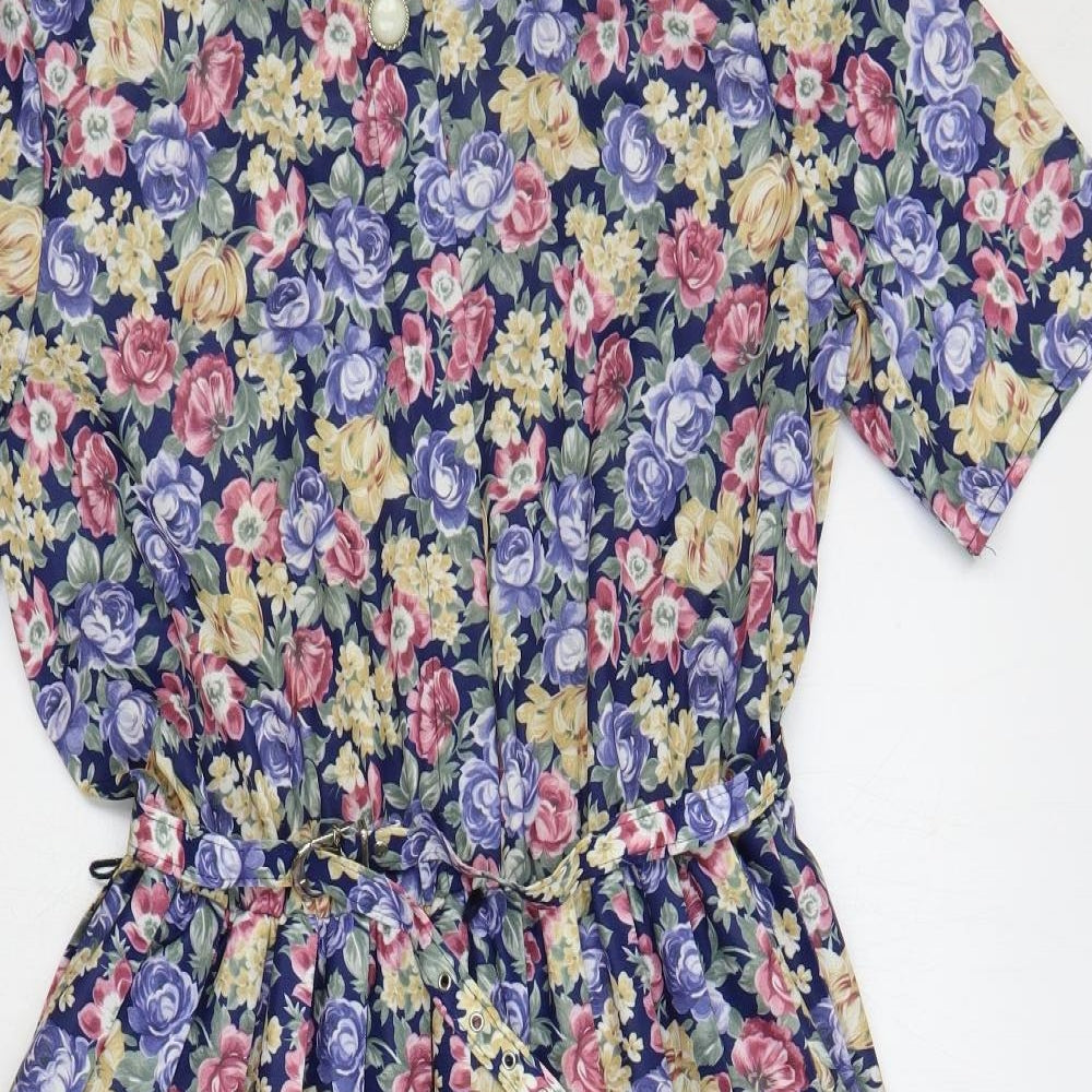 Amari Womens Multicoloured Floral Polyester A-Line Size 16 Round Neck Button - Belted