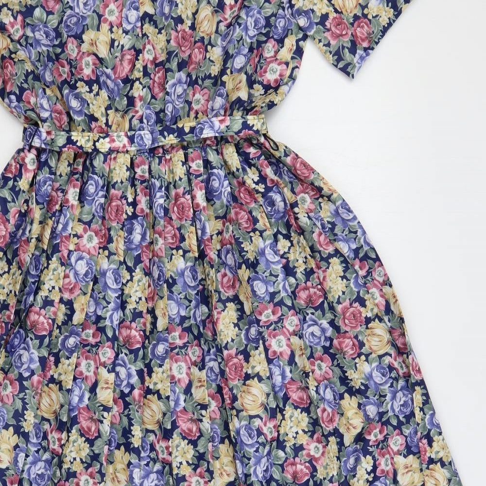 Amari Womens Multicoloured Floral Polyester A-Line Size 16 Round Neck Button - Belted