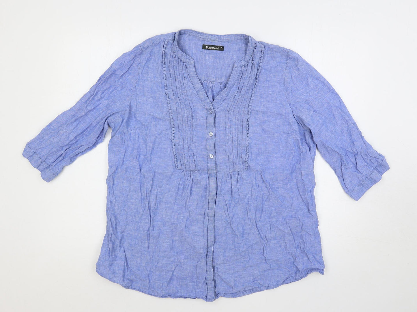 Bonmarché Womens Blue Linen Basic Blouse Size 18 V-Neck