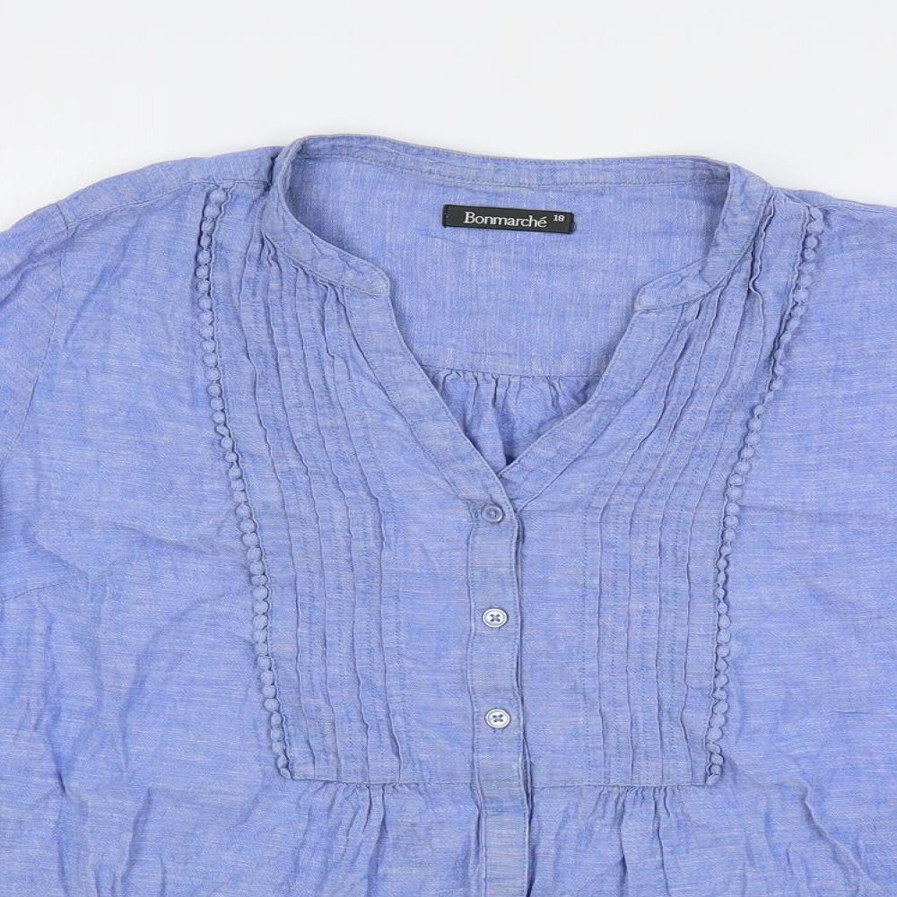 Bonmarché Womens Blue Linen Basic Blouse Size 18 V-Neck