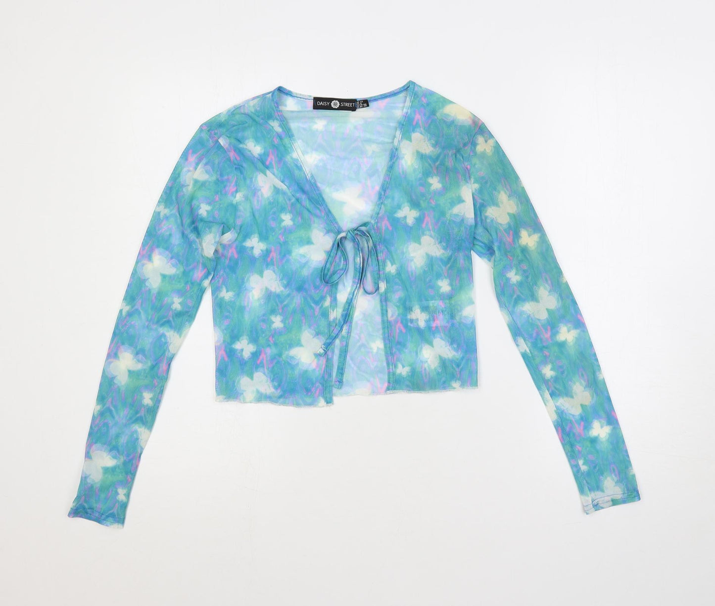 Daisy Street Womens Blue Geometric Polyester Basic Blouse Size 12 V-Neck - Sheer