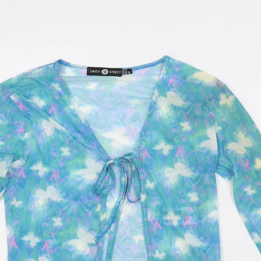 Daisy Street Womens Blue Geometric Polyester Basic Blouse Size 12 V-Neck - Sheer