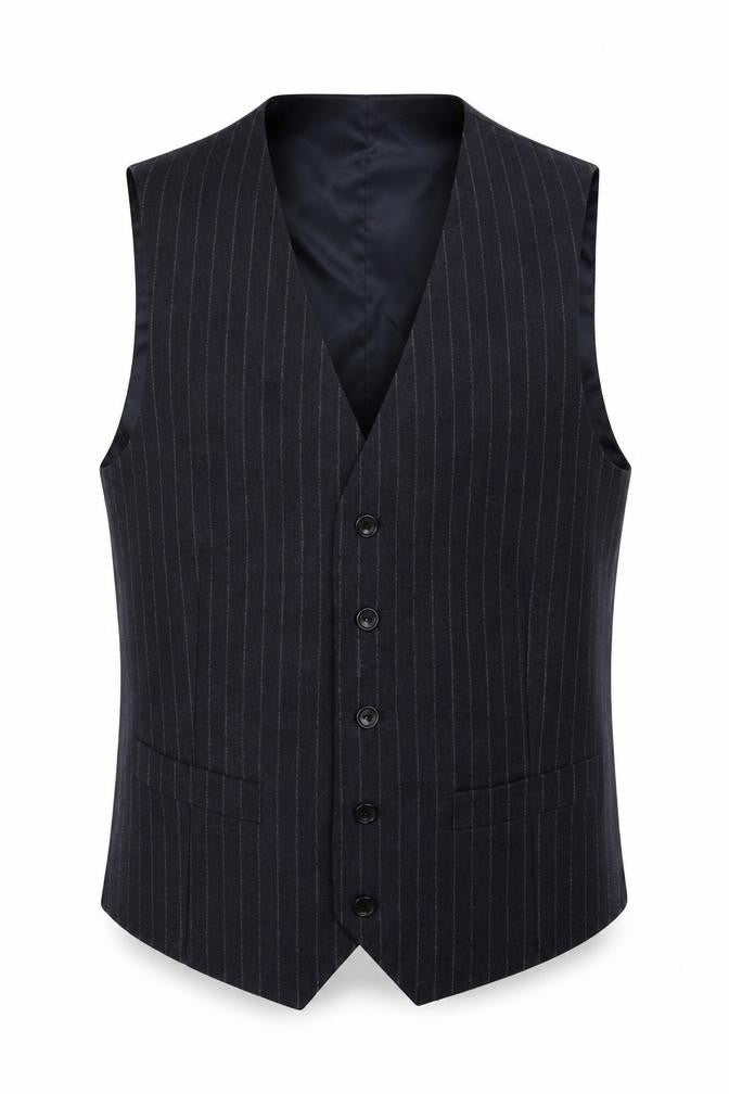 Front view of Moss 1851 men’s blue striped wool jacket suit waistcoat, size 34, regular