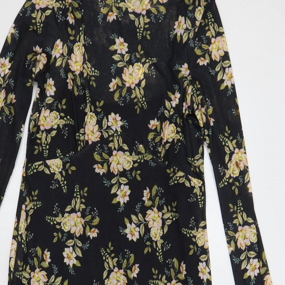Dorothy Perkins Womens Black Floral Polyester A-Line Size 14 Mock Neck Pullover - Lined