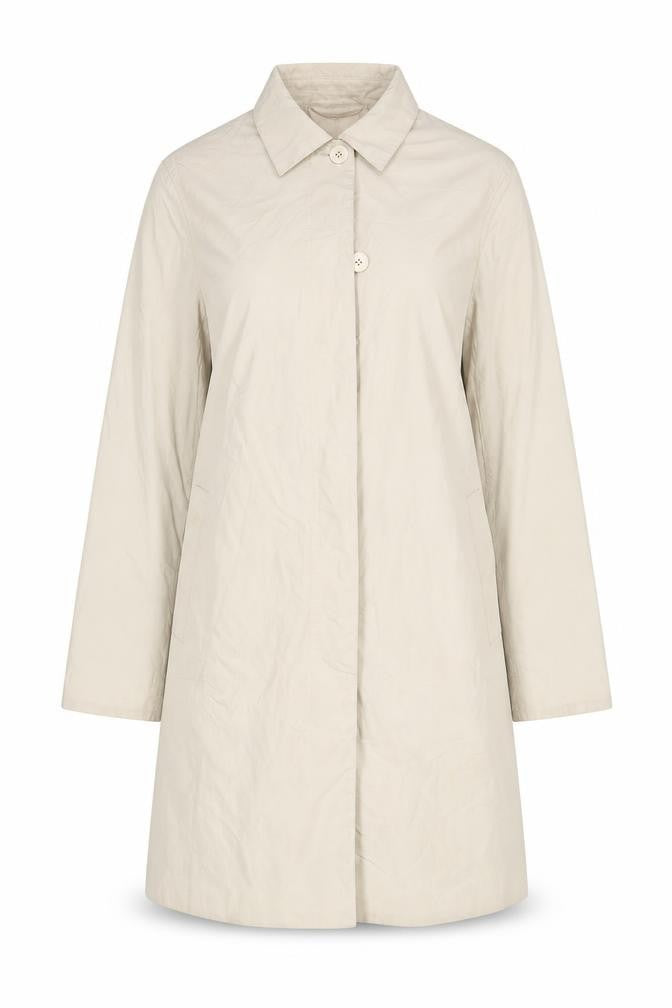 Front view of Great Plains women’s beige overcoat coat, size S, button