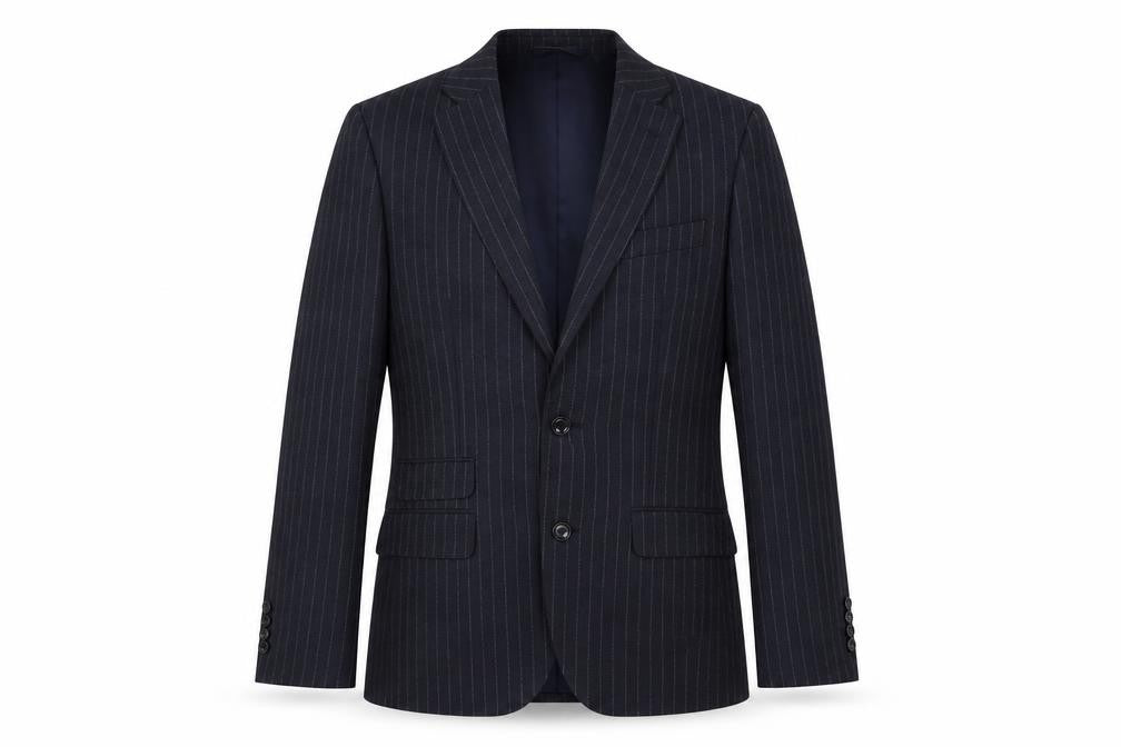 Front view of Moss 1851 men’s blue striped wool jacket suit jacket, size 34, regular
