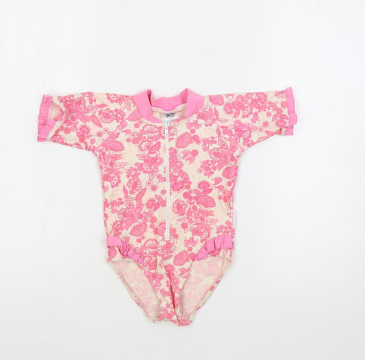 Sun Emporium Girls Pink Floral Nylon Bodysuit One-Piece Size 5 Years Zip - Swimsuit Sun Protection
