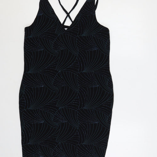 Red Herring Womens Black Geometric Polyester Bodycon Size 16 V-Neck Pullover - Glitter