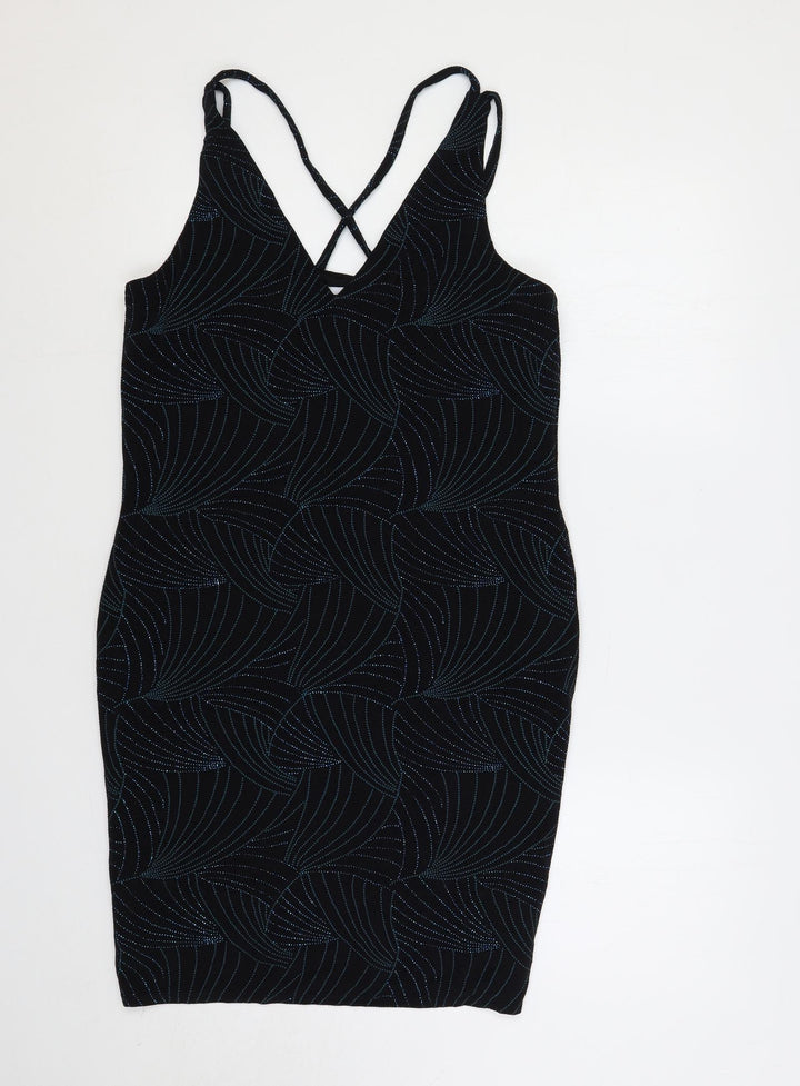 Red Herring Womens Black Geometric Polyester Bodycon Size 16 V-Neck Pullover - Glitter