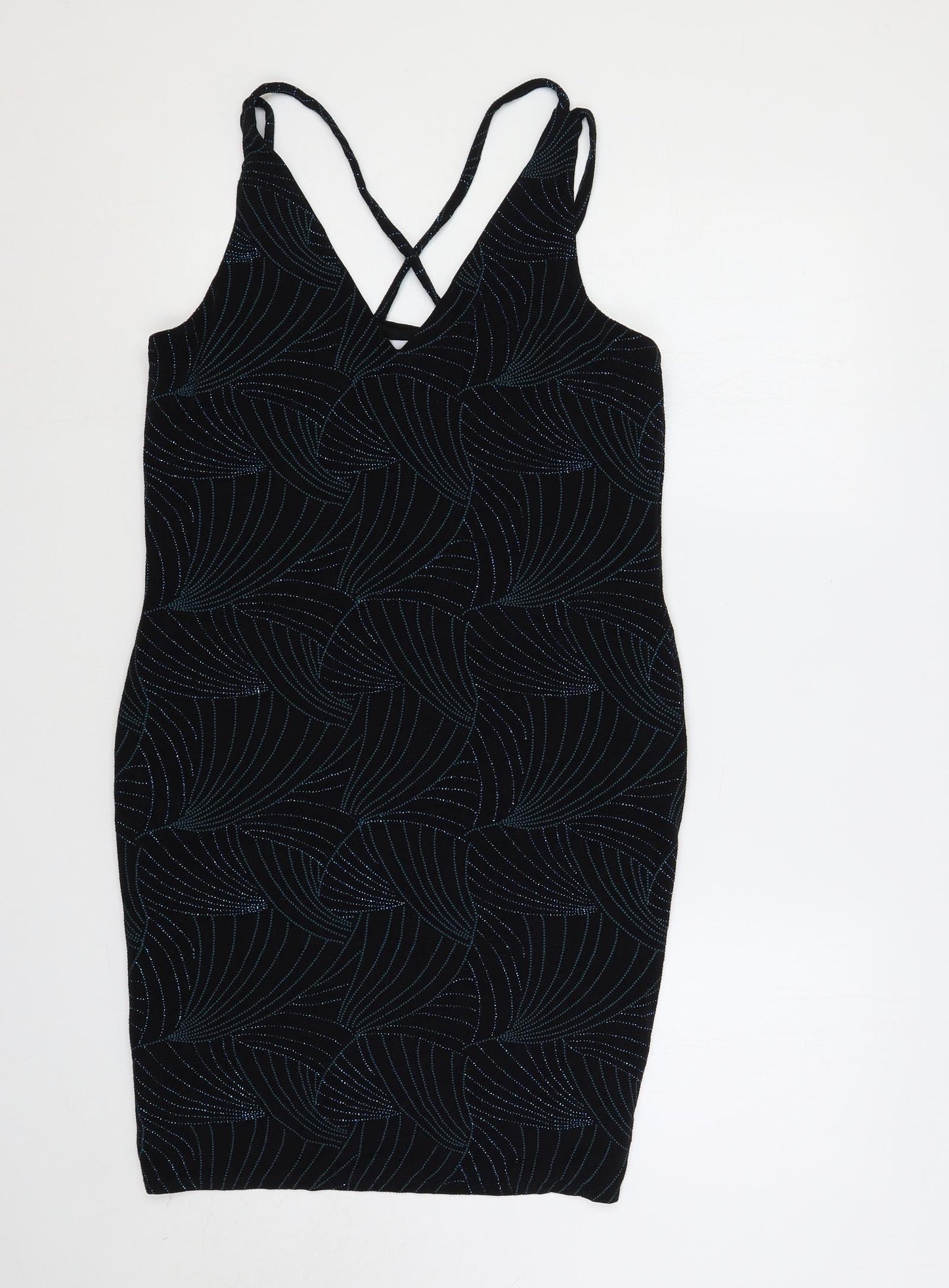 Red Herring Womens Black Geometric Polyester Bodycon Size 16 V-Neck Pullover - Glitter