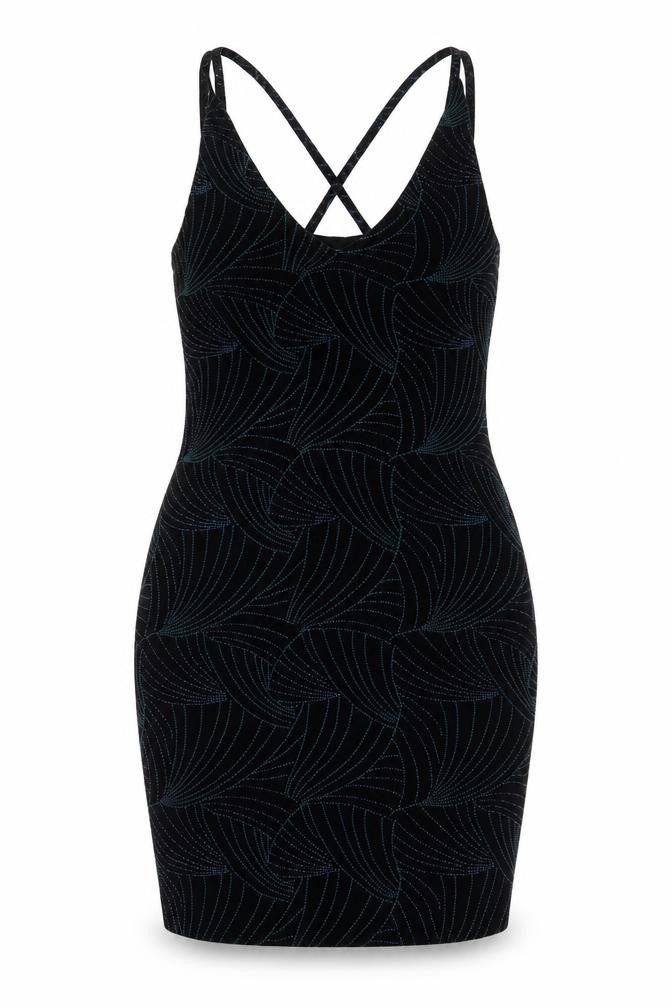 Front view of Red Herring women’s black geometric polyester bodycon, size UK 16, v-neck pullover - glitter