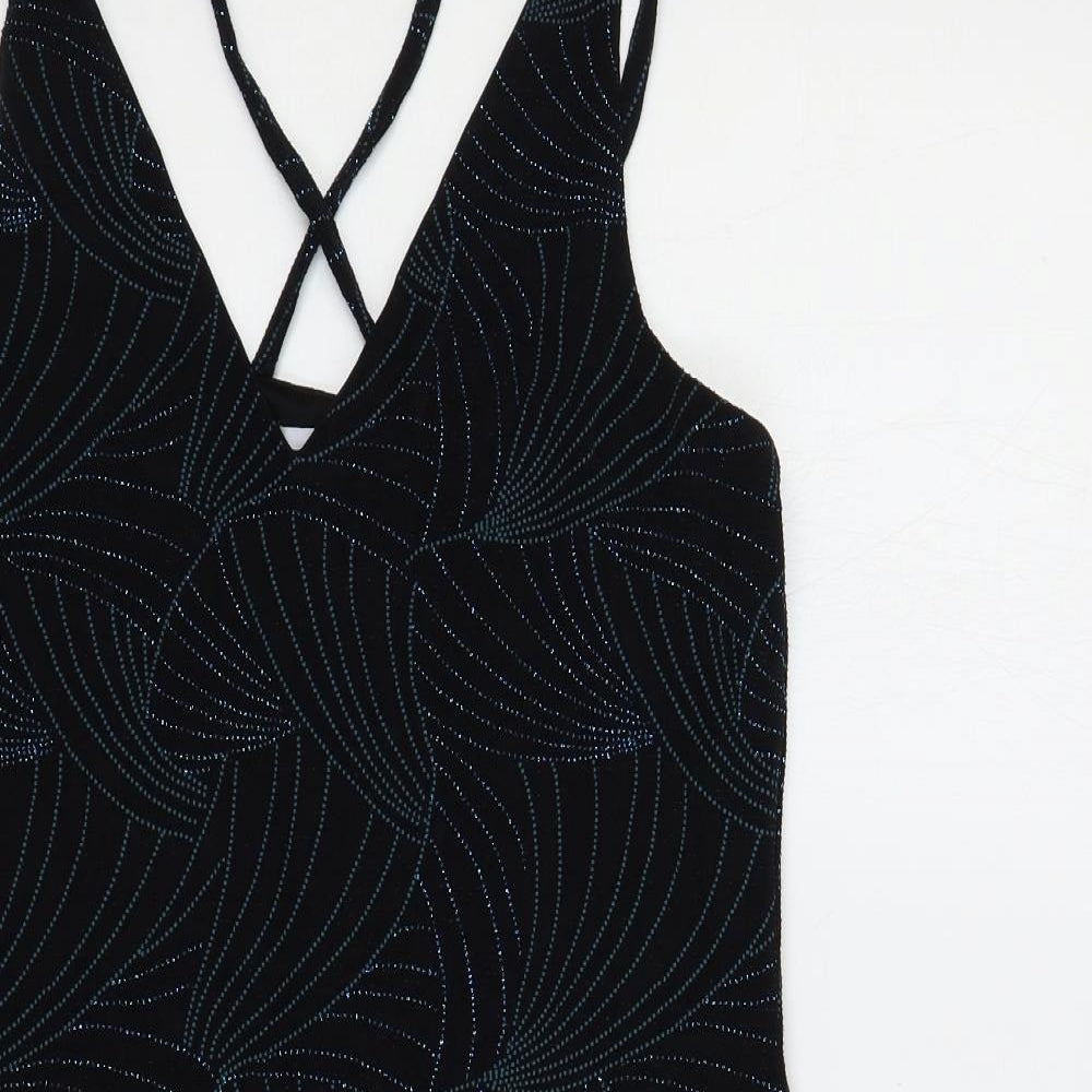 Red Herring Womens Black Geometric Polyester Bodycon Size 16 V-Neck Pullover - Glitter