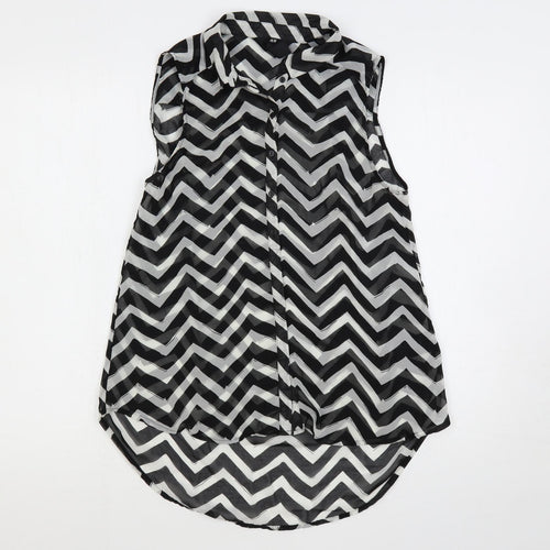 H&M Womens Black Geometric Polyester Basic Button-Up Size 8 Collared - Sheer