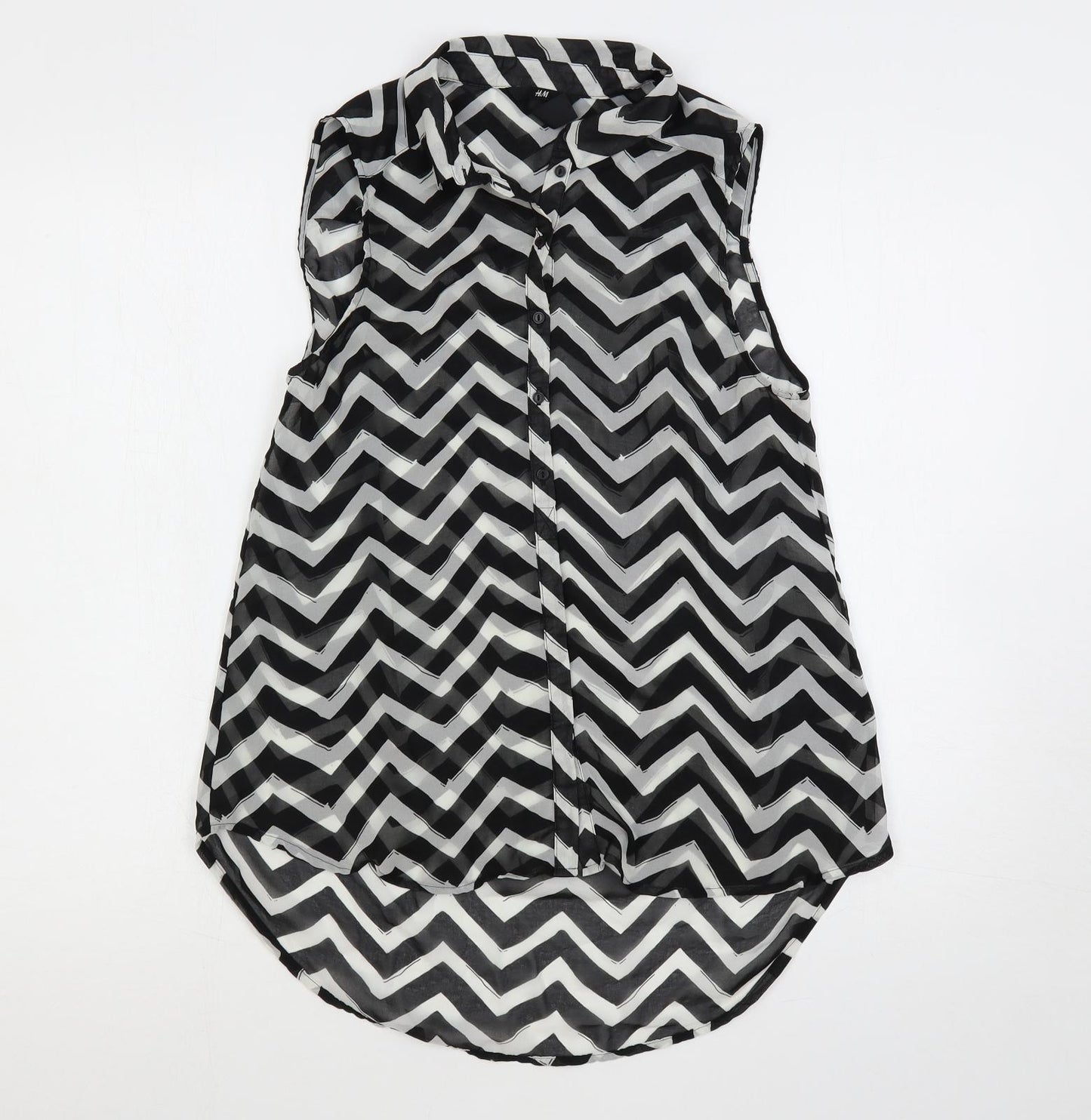 H&M Womens Black Geometric Polyester Basic Button-Up Size 8 Collared - Sheer