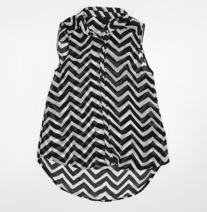 H&M Womens Black Geometric Polyester Basic Button-Up Size 8 Collared - Sheer