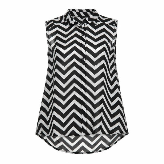 Front view of H&M women’s black geometric polyester basic button-up, size UK 8, collared - sheer