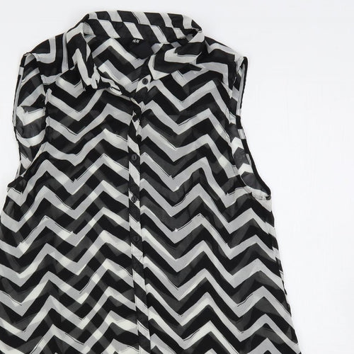 H&M Womens Black Geometric Polyester Basic Button-Up Size 8 Collared - Sheer
