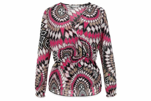 Front view of Wallis women’s multicoloured geometric polyester basic blouse, size S, v-neck - sheer