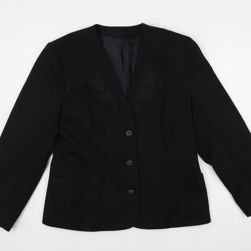 Classic Woman Womens Black Jacket Blazer Size 14 Button - Embroidered