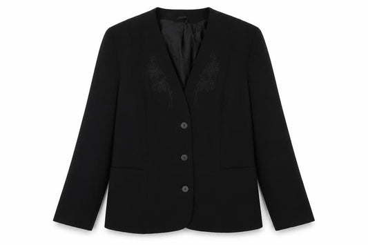Front view of Classics Woman women’s black jacket blazer, size UK 14, button - embroidered