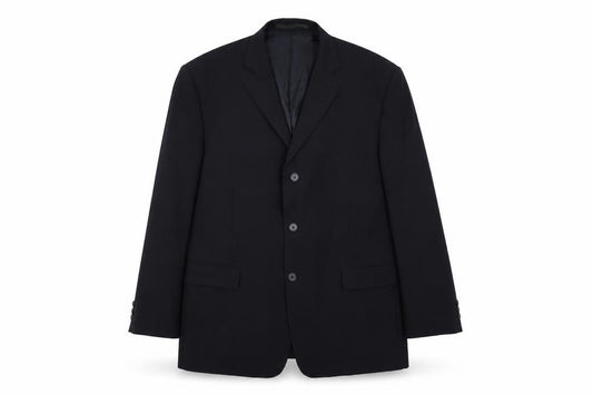 Front view of Marks & Spencer men’s blue polyester jacket suit jacket, size 44, regular