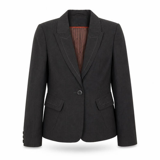 Front view of Next women’s grey striped jacket blazer, size UK 12, button