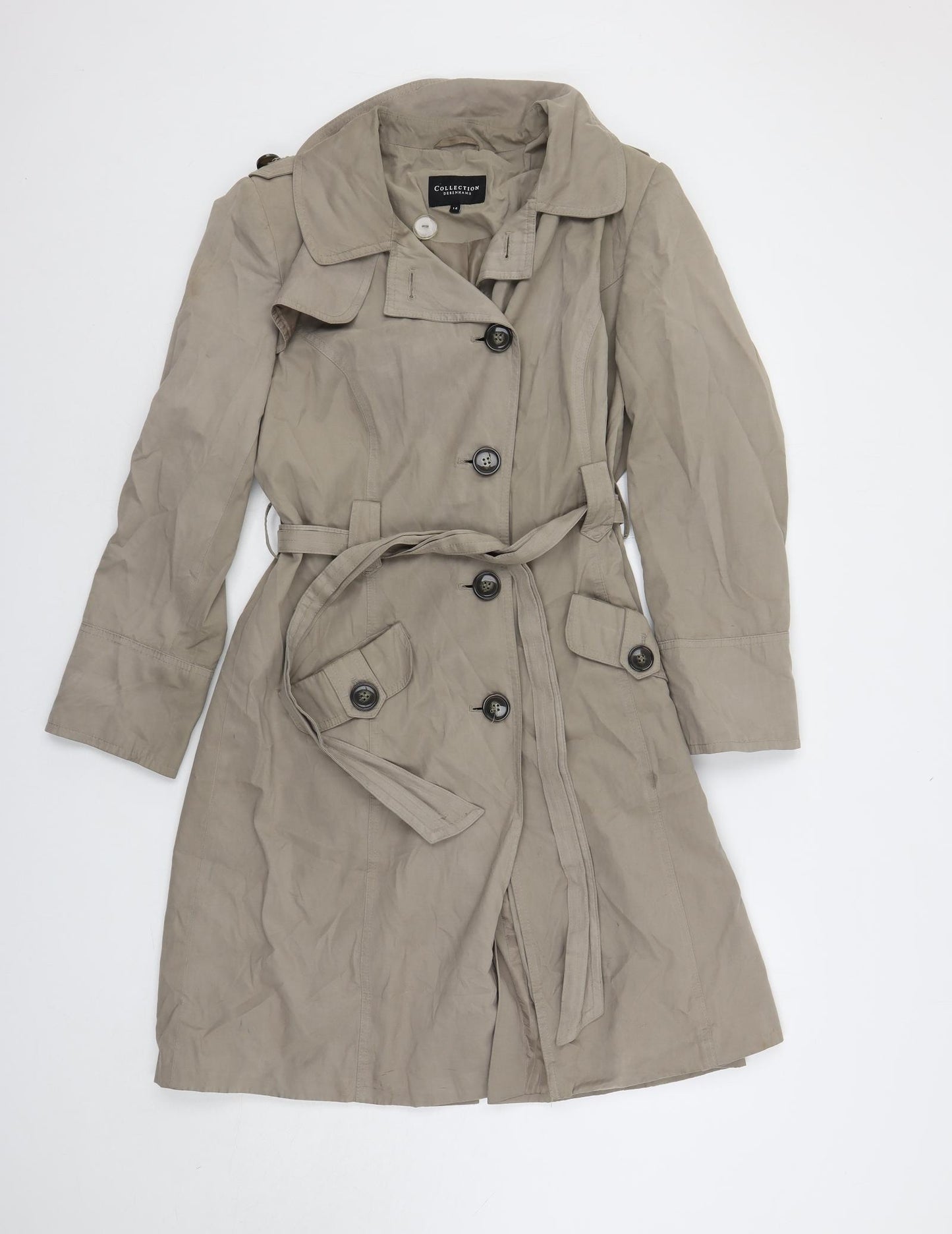 Debenhams Womens Beige Trench Coat Coat Size 14 Button - Belted