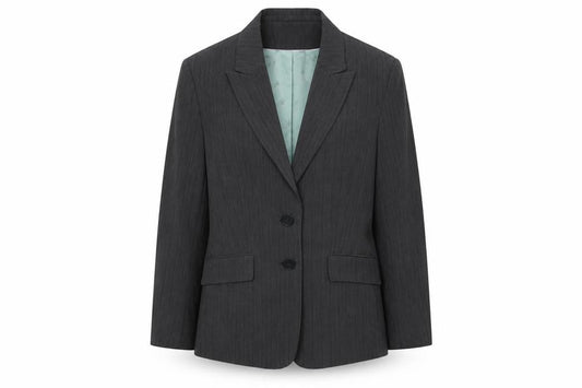 Front view of Debenhams women’s grey striped jacket blazer, size UK 16, button