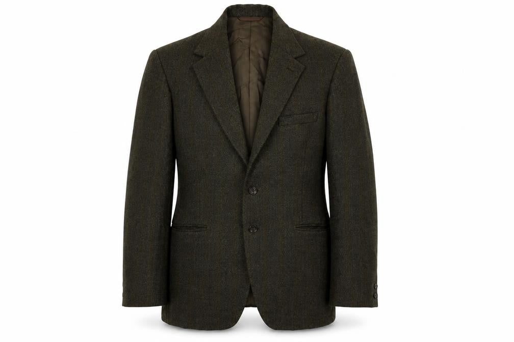 Front view of Burton men’s green striped wool jacket blazer, size 36, regular