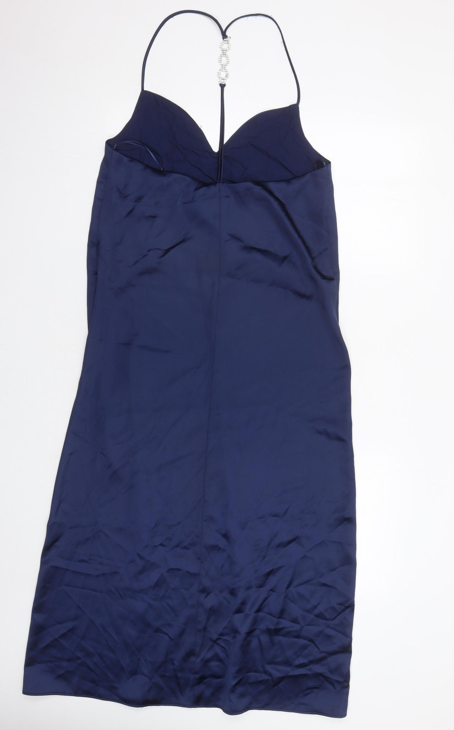Zara Womens Blue Polyester Slip Dress Size S V-Neck Pullover - Rhinestone Detail