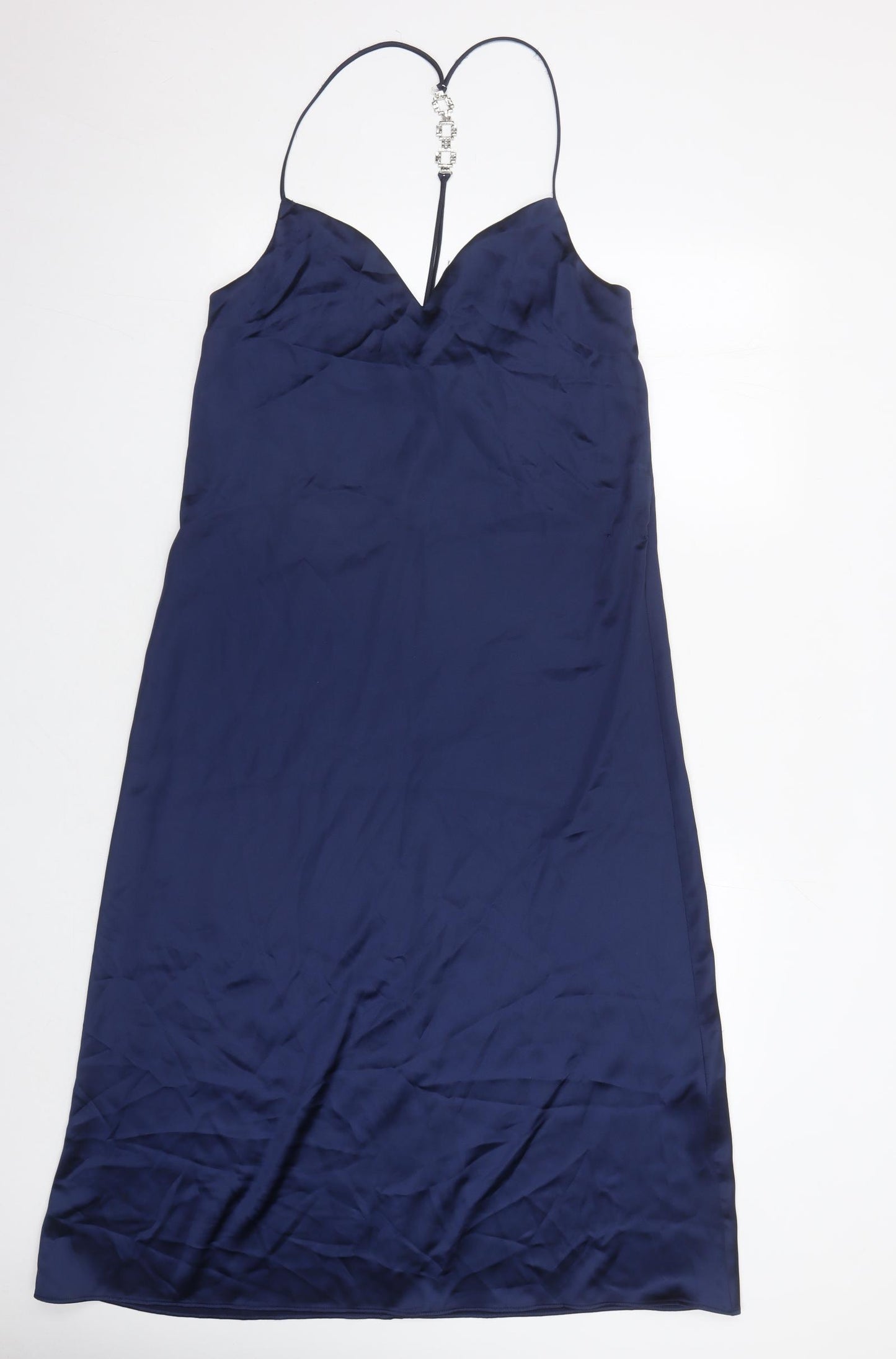 Zara Womens Blue Polyester Slip Dress Size S V-Neck Pullover - Rhinestone Detail