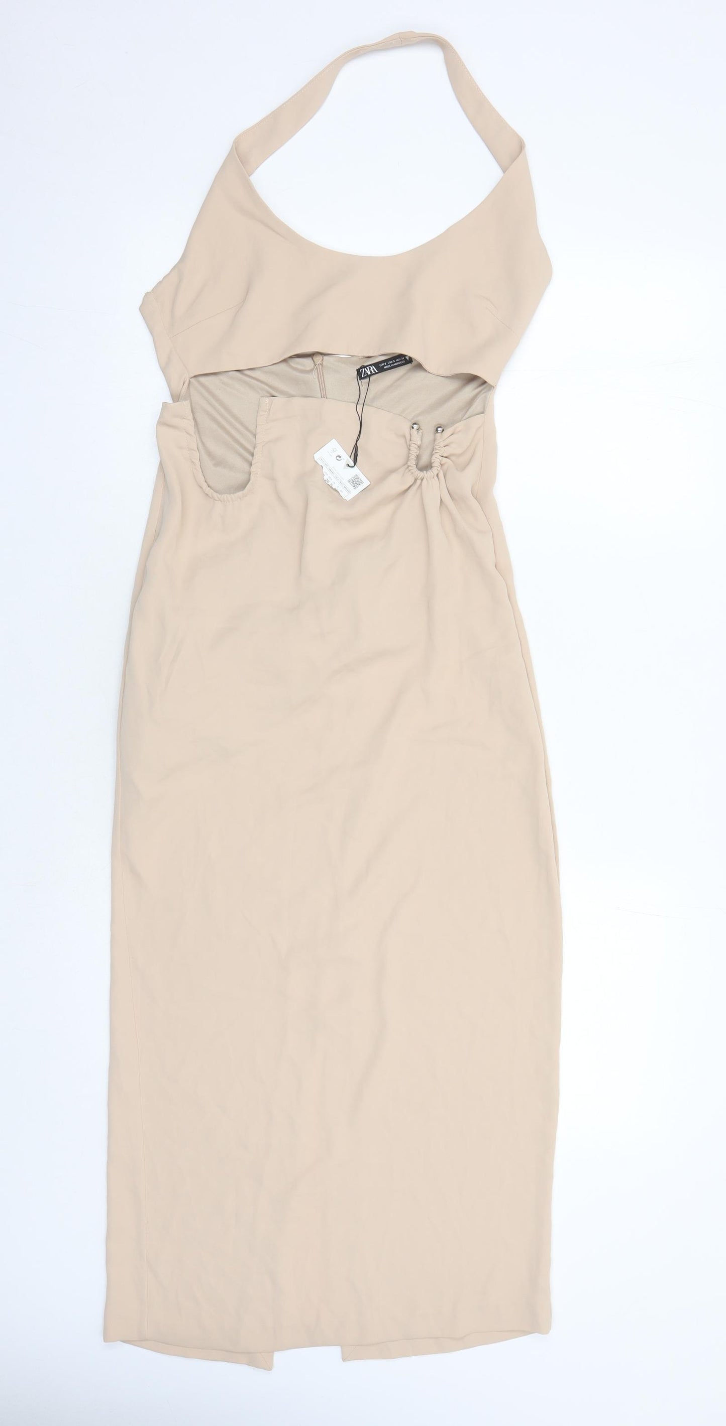 Zara Womens Beige Polyester A-Line Size S Halter Zip