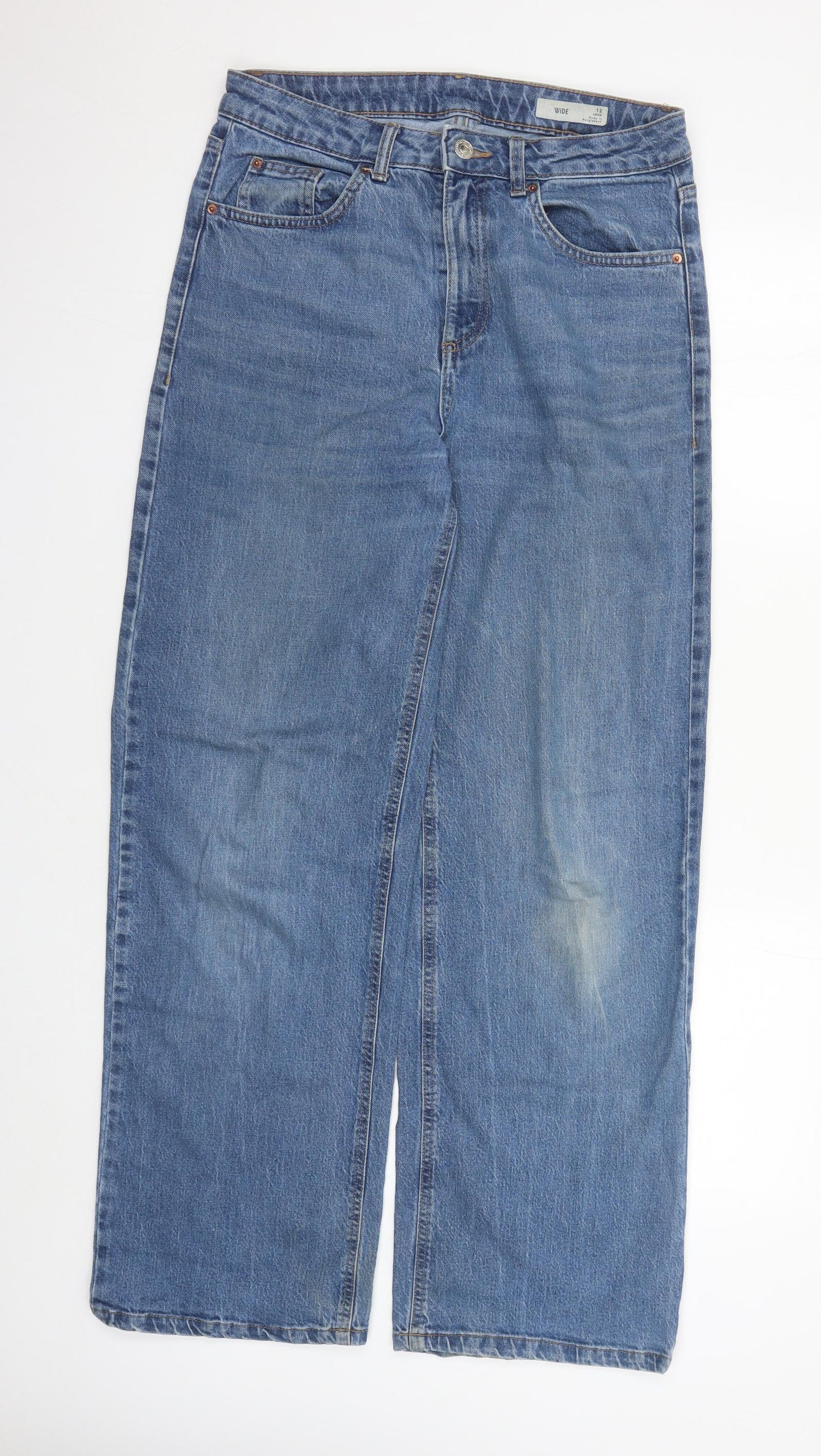 Marks and Spencer Womens Blue Cotton Wide-Leg Jeans Size 12 L31 in Regular Zip