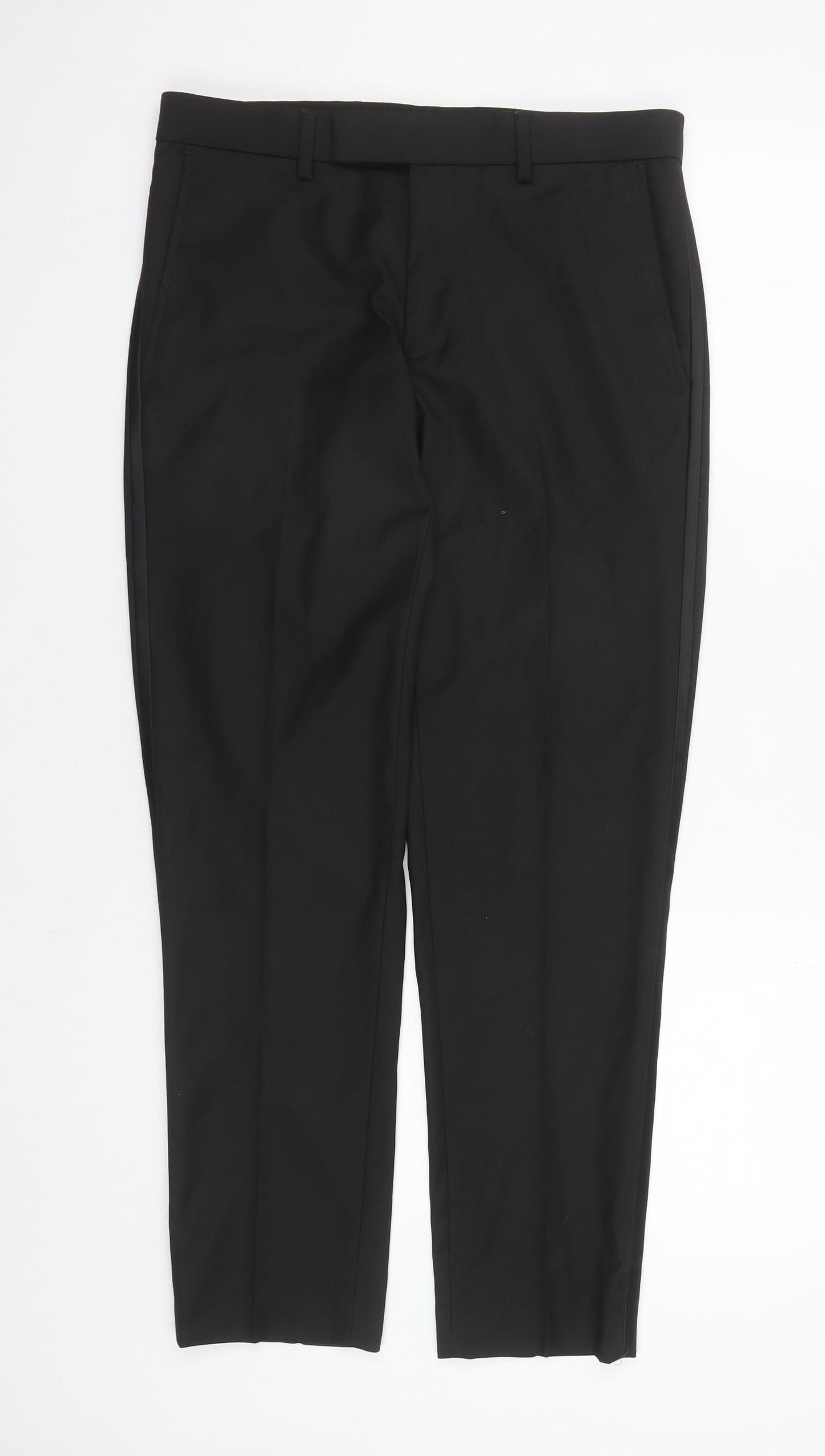 Marks and Spencer Mens Black Polyester Trousers Size 30 in L28 in Slim Zip - Short Leg