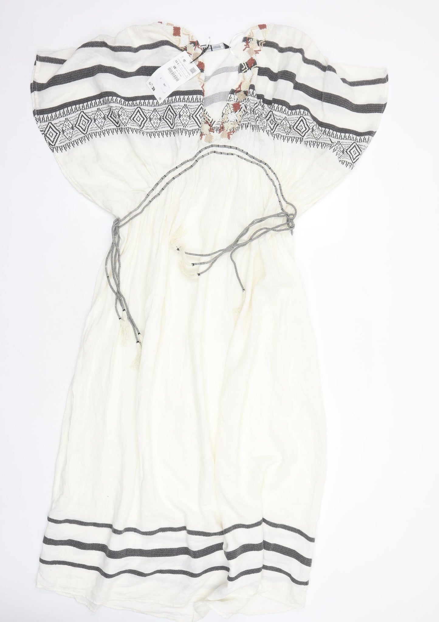 Zara Womens Ivory Geometric Cotton A-Line Size XS V-Neck Pullover - Size XS-S Beaded Neckline