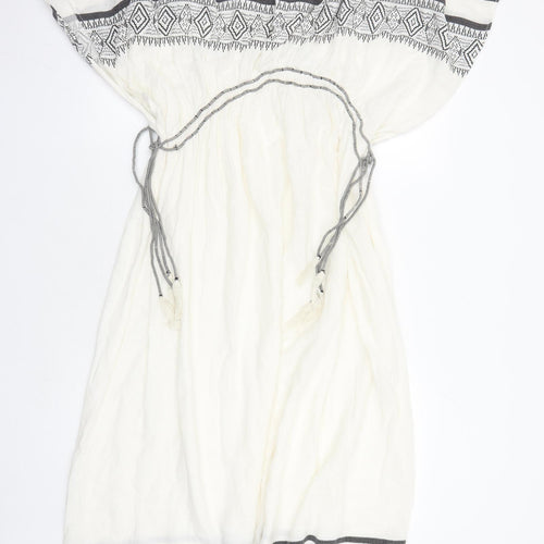 Zara Womens Ivory Geometric Cotton A-Line Size XS V-Neck Pullover - Size XS-S Beaded Neckline