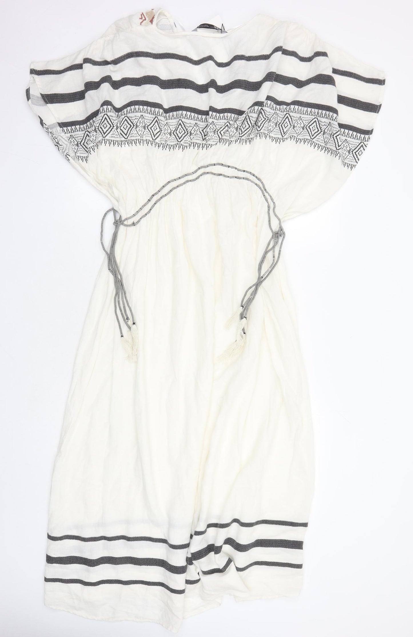 Zara Womens Ivory Geometric Cotton A-Line Size XS V-Neck Pullover - Size XS-S Beaded Neckline
