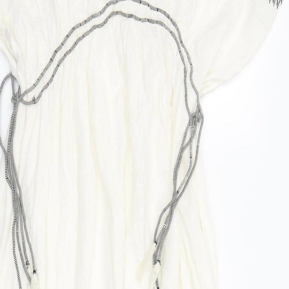 Zara Womens Ivory Geometric Cotton A-Line Size XS V-Neck Pullover - Size XS-S Beaded Neckline