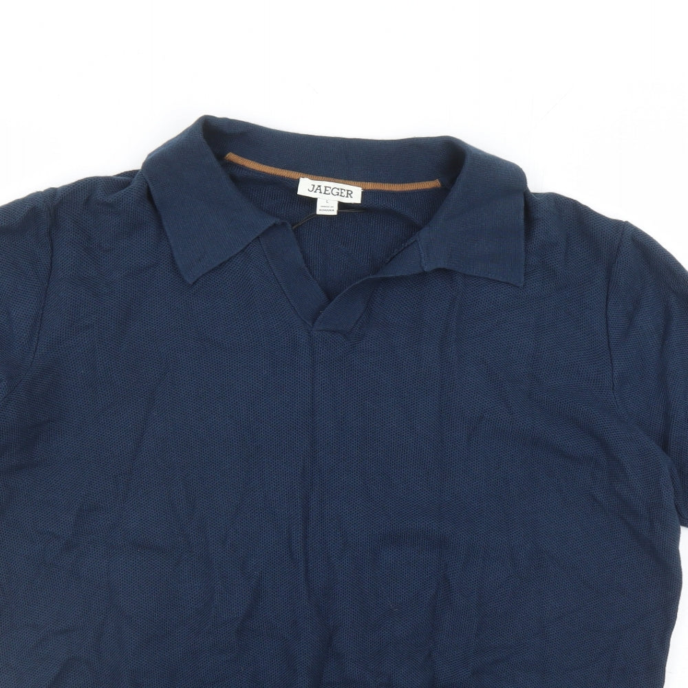 Jaeger Mens Blue Cotton Polo Size L Collared Pullover