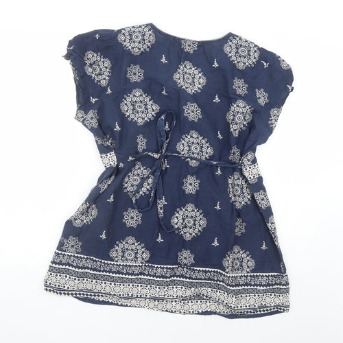 BHS Womens Blue Geometric 100% Cotton Basic Blouse Size 20 V-Neck - Beaded Neckline